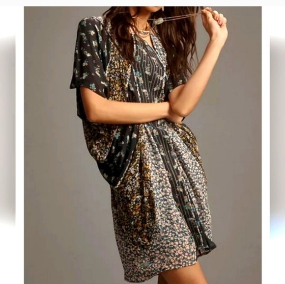 Anthropologie Short-Sleeve Draped Tunic Mini Boho Dress - Picture 2 of 10